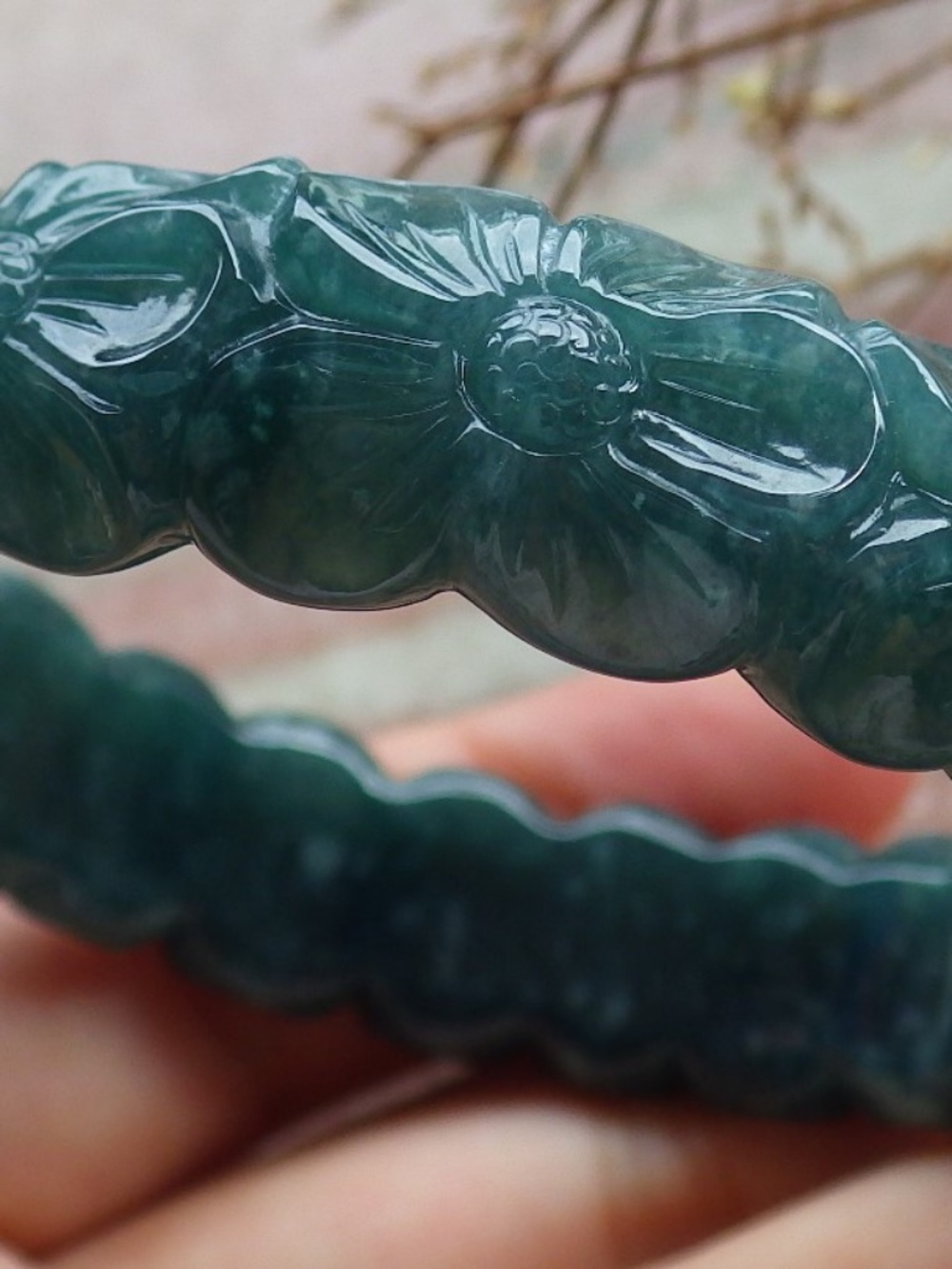 55mm Certified Hand Carved Natural Grade A JADE Jadeite Flower Bangle Bracelet